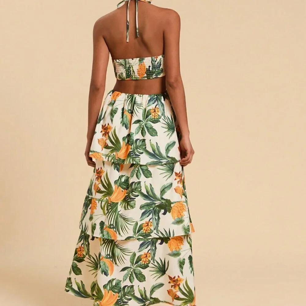 Boho Women's Tropical Plant Print Halter Waist Cutout Maxi Dress